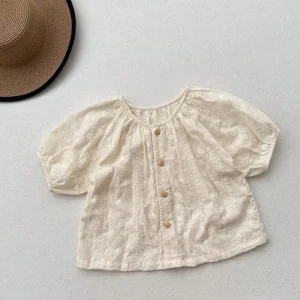 2024 New Kid's Baby Summer Blouse Sweet Embroidery Floral Girls Short Sleeve Shirt Base Tops Children's Outdoor Clothes 1-6T