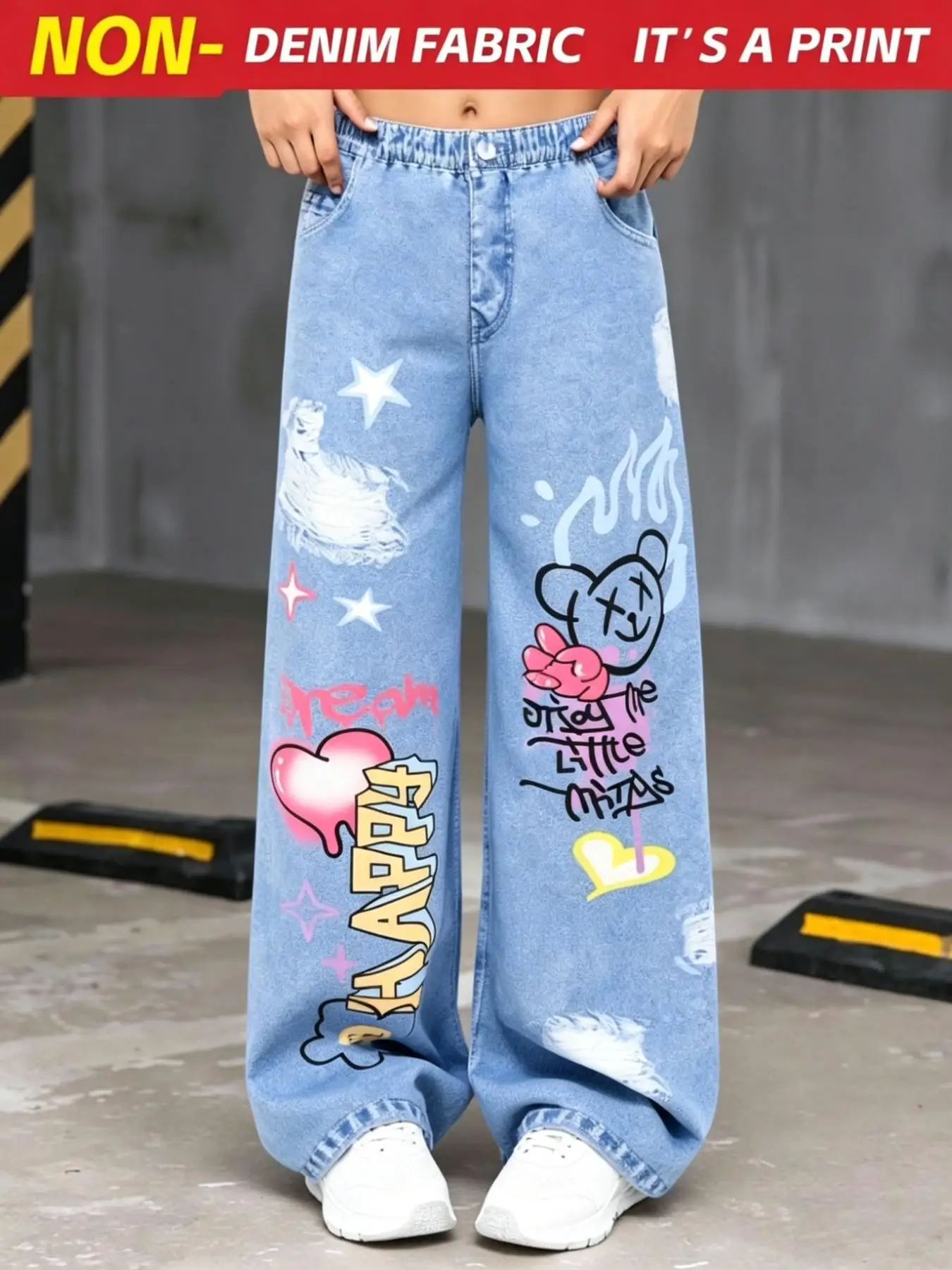 Girls' Summer Casual Pants Y2K Style Digital Print Faux Denim High-Waisted Wide-Leg Loose Graffiti Star Design Long Pants Suitable for Children over 3 Years Old, Versatile Clothing for Home and Outings - Image 4