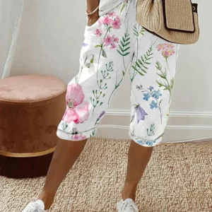 Women Summer Floral Print Shorts Casual Loose Drawstring Elastic Waist Wide Leg Half Pants Capris