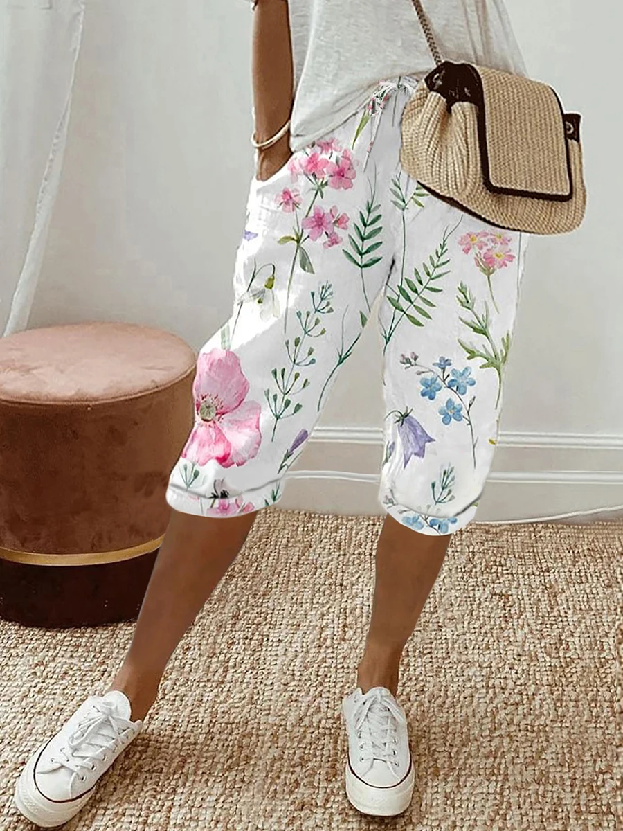 Women Summer Floral Print Shorts Casual Loose Drawstring Elastic Waist Wide Leg Half Pants Capris