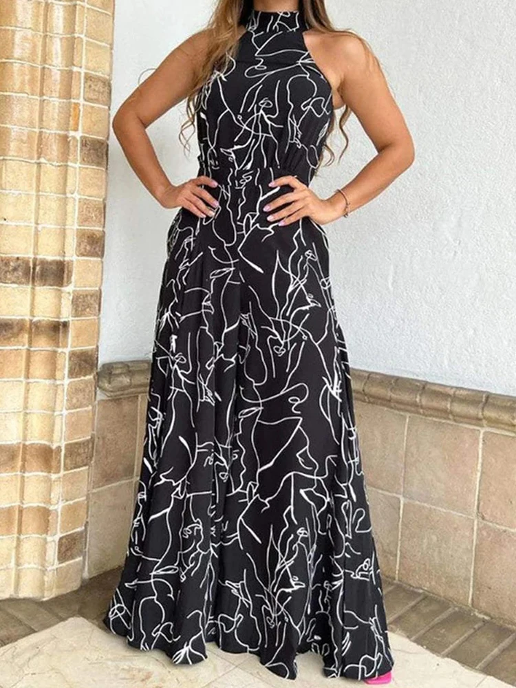 Summer Women's Elegant Waist Halter Jumpsuit Tie Sleeveless Wide Leg Long Pant Bodycon Abstract Print Streetwear Romper Mujer - Image 4