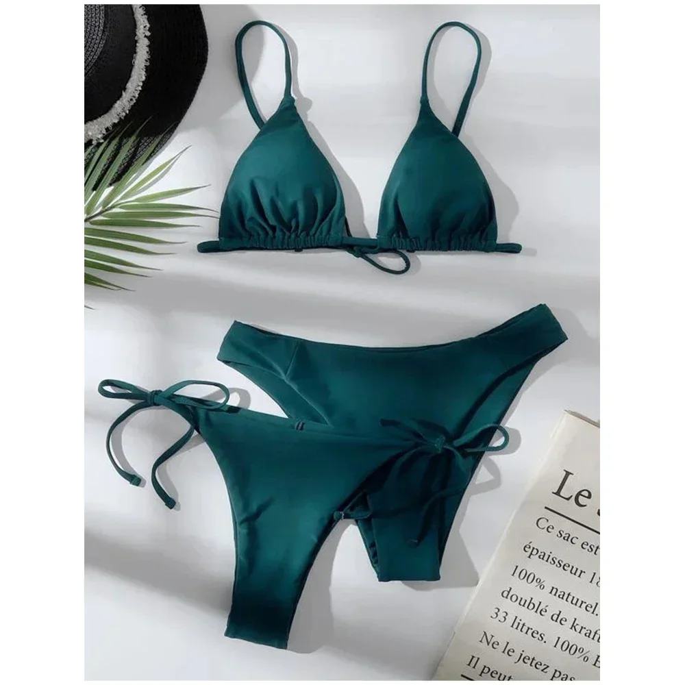 Sexy 3 Pieces Set Swimwear Women Lace Up Micro Bikini Set Female Solid Low Waist Swimsuit Beachwear Bathing Suit - Image 9