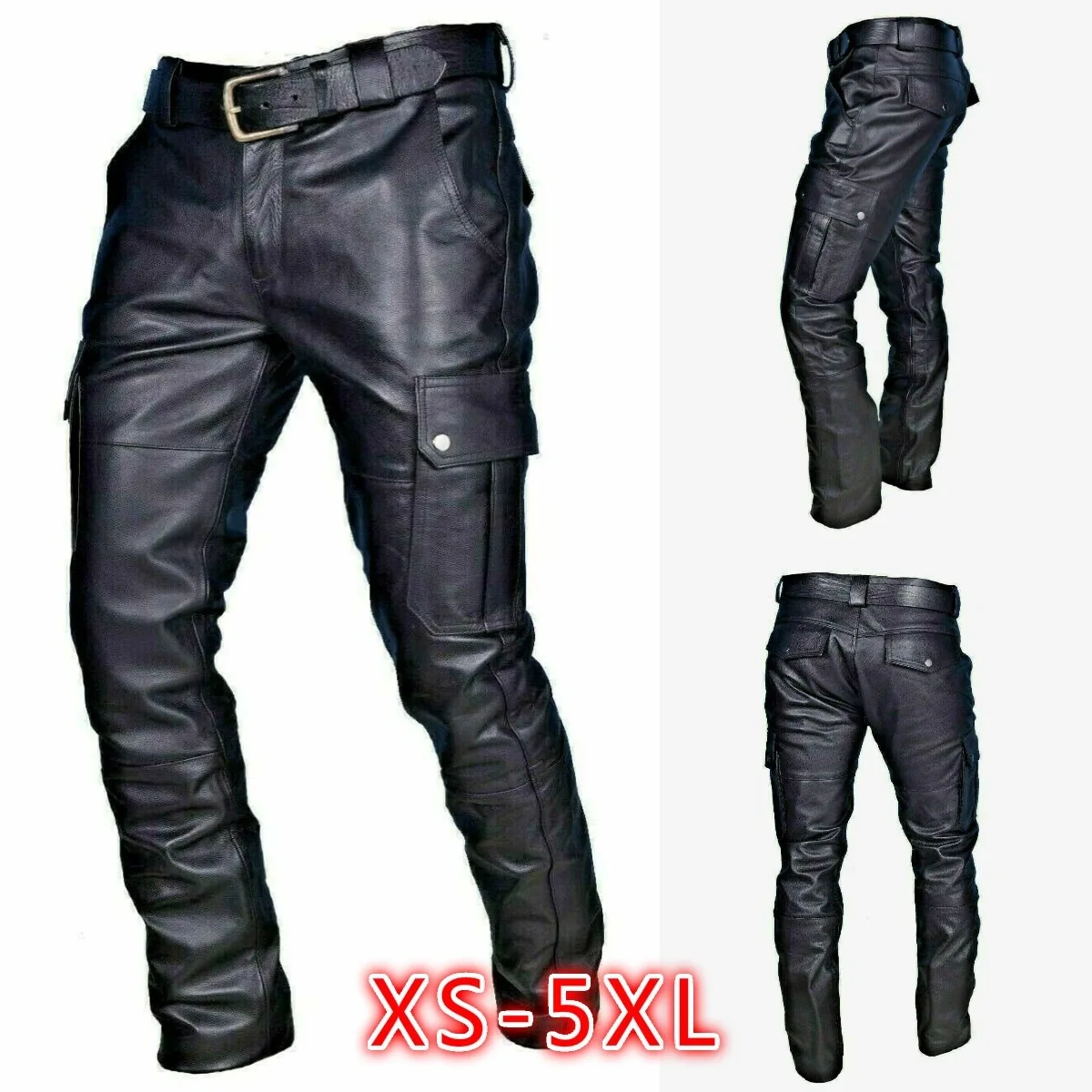 Men's PU Leather Pants with Belt Casual Punk Style Straight Leg Mid Waist Urban Fashion Trousers for Men Streetwear