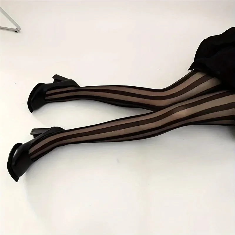 Women's Vintage Sexy Sheer Wide Vertical Stripe Pantyhose Tights Retro Classic Hosiery - Image 5