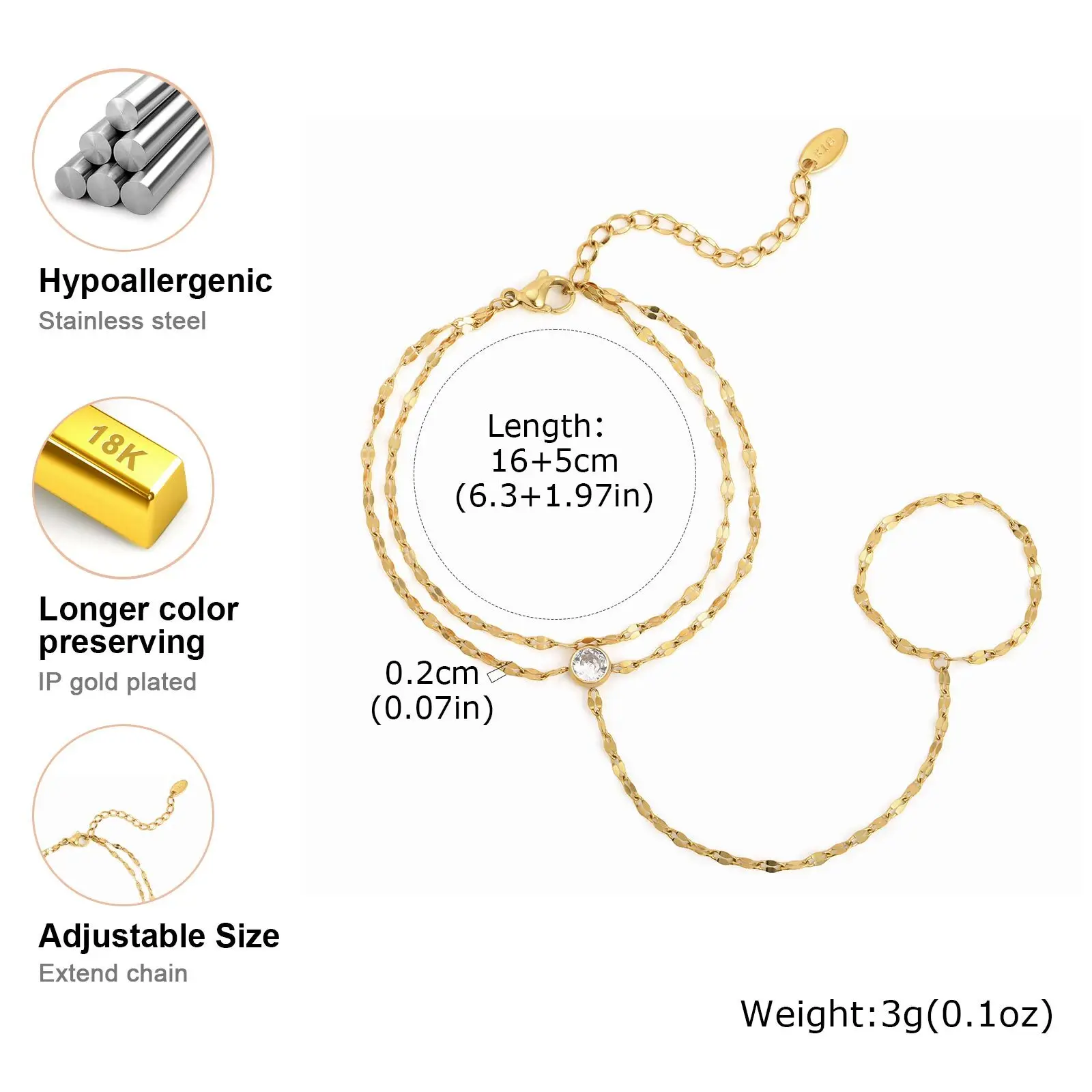Stainless Steel Hand Chain Ring Bracelet for Women, Adjustable Gold Plated Double Layer Finger Bracelets Summer Party Jewelry - Image 2