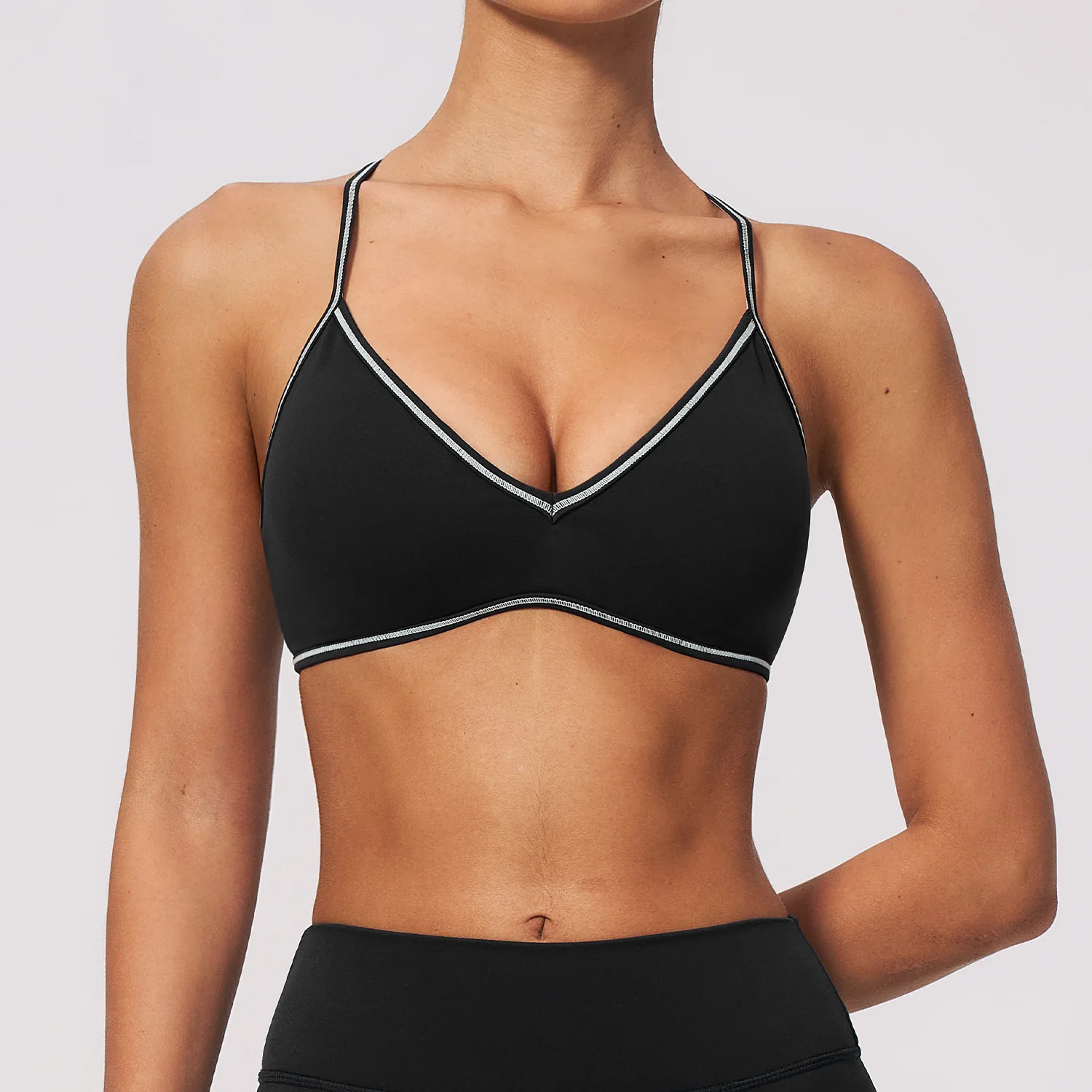 Women Deep V Neck Sports Bra with Contrast Piping Y Back Racerback Padded Gym Workout Yoga Bras Female Activewear Push Up Top - Image 6