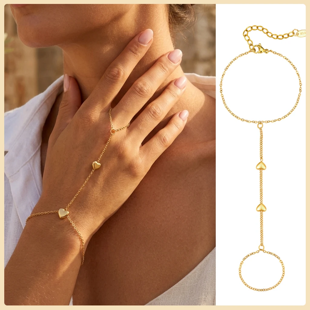 Stainless Steel Hand Chain Ring Bracelet for Women, Adjustable Gold Plated Double Layer Finger Bracelets Summer Party Jewelry - Image 13