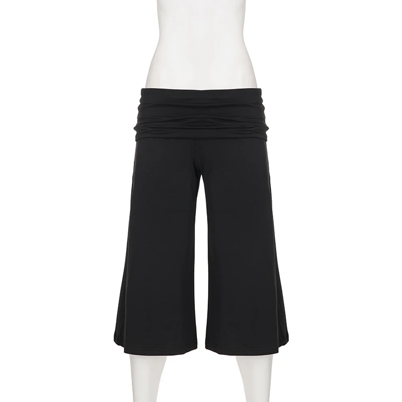 SUCHCUTE Women Fold Over Low Waist Knit Capri Pants Wide Leg Cropped Culottes Loose Flowy 7/8 Trousers Y2K Casual Streetwear New - Image 6