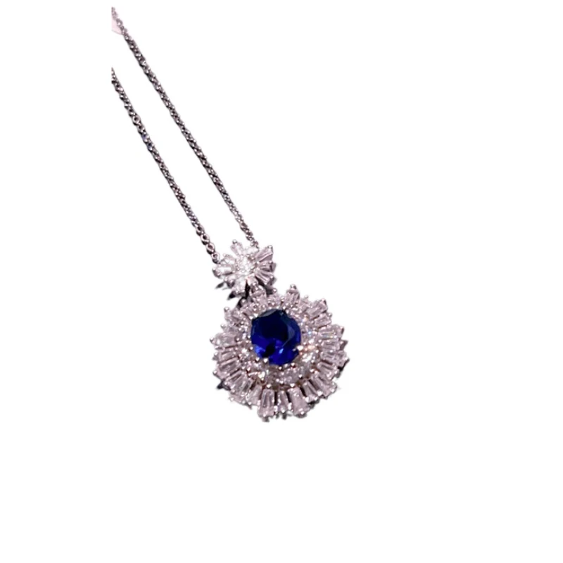 High-quality fashion Blue jewelry sets silver 925 full diamonds luxuriy elegant flower sapphire earrings for women necklace ring - Image 6