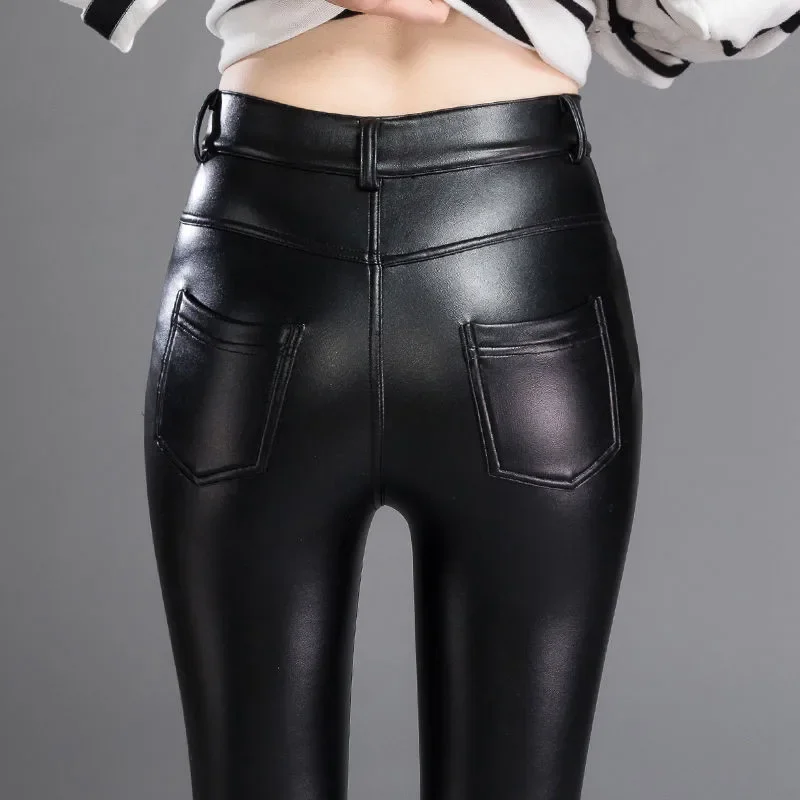 PU Leather Pants for Women Leggings Pencil Pants with Thermal Lining Female High-Waisted Stretchy Slim Fit Autumn Winter Black - Image 4