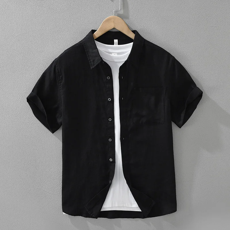 100% Linen Short Sleeve Shirt for Men Breathable Summer Casual Top Minimalist Loose Fit Button-Up Shirt Natural Wrinkle Texture - Image 9