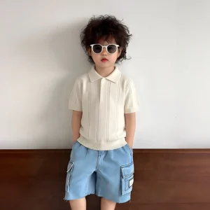 Summer Simple Hollow DesignPoloIce silk knitted shirt for boys and girls, stylish, breathable, versatile air conditioning shirtt