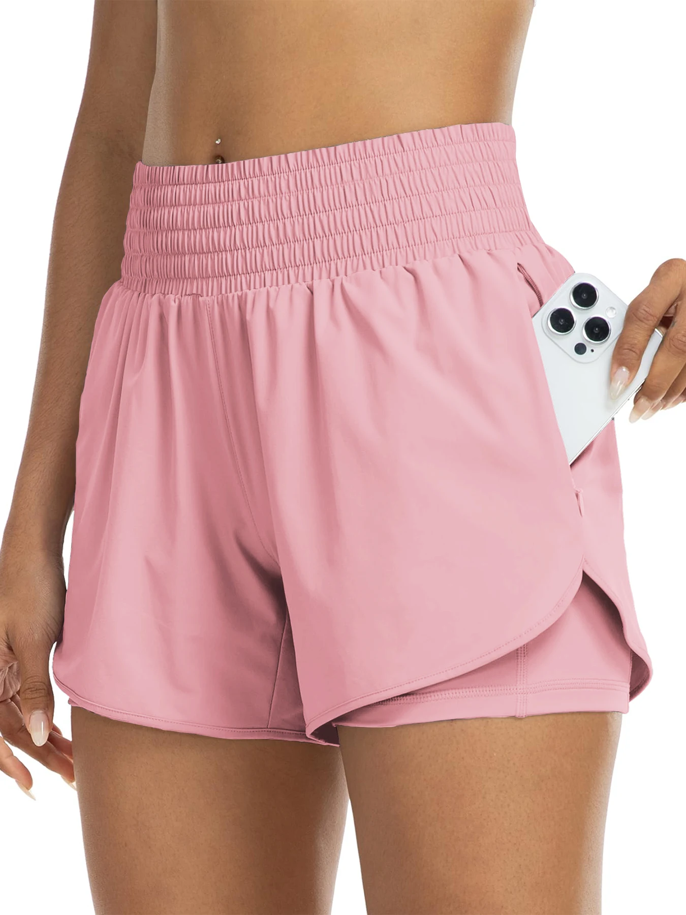 Women's high-waisted athletic shorts for running, yoga, layered design, anti-exposure, fitness, and workout with pockets - Image 15