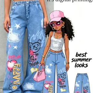 Girls' Summer Casual Pants Y2K Style Digital Print Faux Denim High-Waisted Wide-Leg Loose Graffiti Star Design Long Pants Suitable for Children over 3 Years Old, Versatile Clothing for Home and Outings