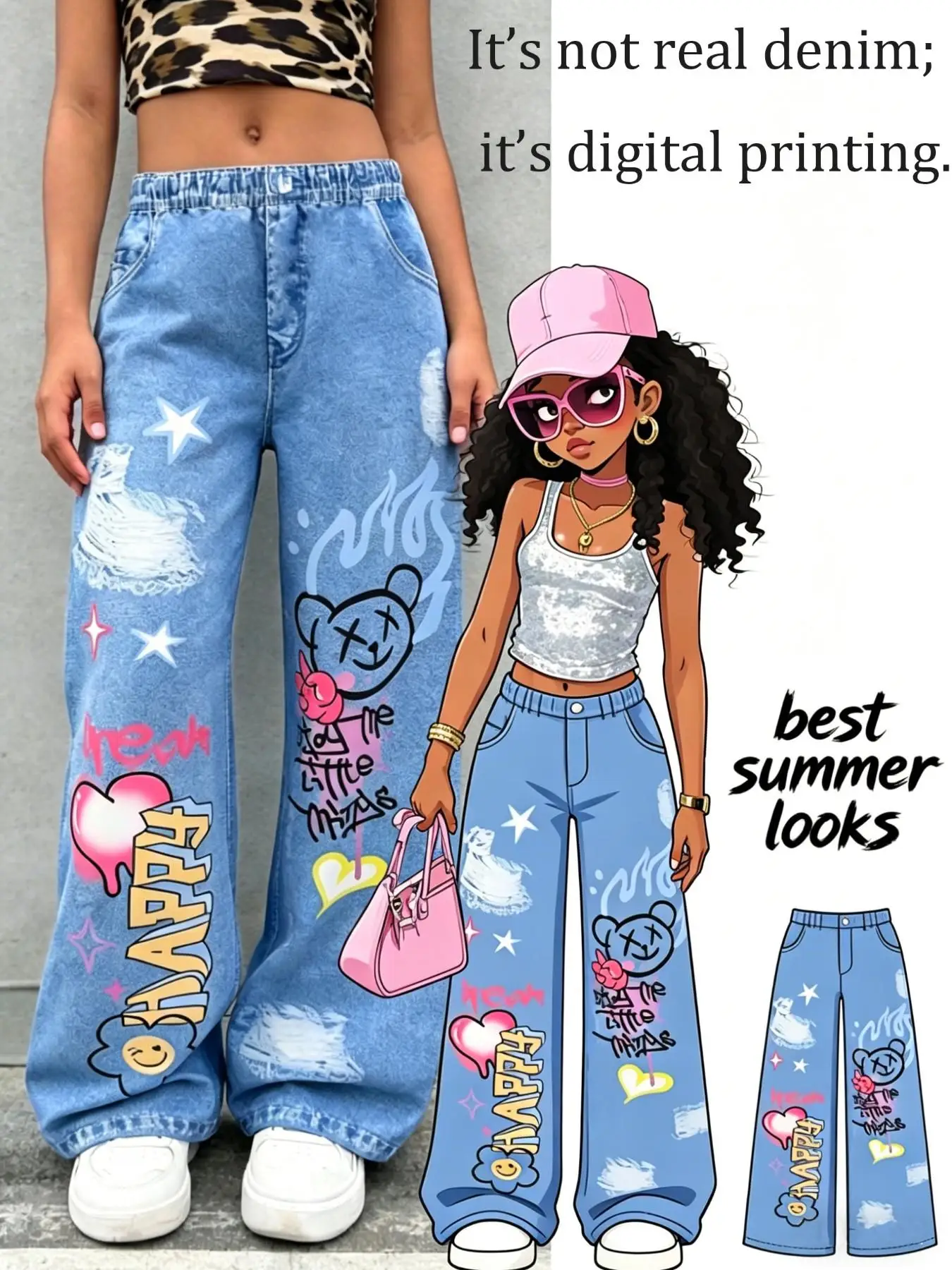 Girls' Summer Casual Pants Y2K Style Digital Print Faux Denim High-Waisted Wide-Leg Loose Graffiti Star Design Long Pants Suitable for Children over 3 Years Old, Versatile Clothing for Home and Outings