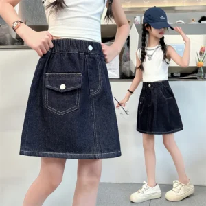 Stylish Kids Children Fashion Vintage Dark Blue Denim Skirt for Teen Girls Trend Street Design Y2K Bottoms 5 6 7 8 9 10 12 14 Y