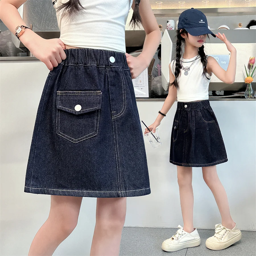 Stylish Kids Children Fashion Vintage Dark Blue Denim Skirt for Teen Girls Trend Street Design Y2K Bottoms 5 6 7 8 9 10 12 14 Y