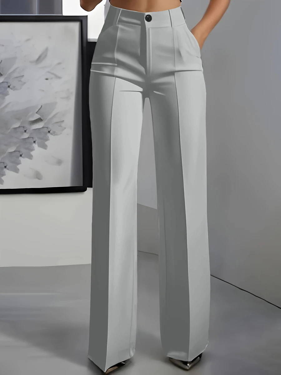 Women High Waisted Wide Leg Office Trousers, Solid Black Pleated Elegant Crease Dress Pants, Professional Full Length Trousers - Image 5