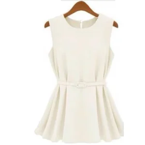 Singwing New Summer Women Slim Peplum Solid Color Round Neck Sleeveless Vest Daily Commuting Chiffon Shirt With Belt