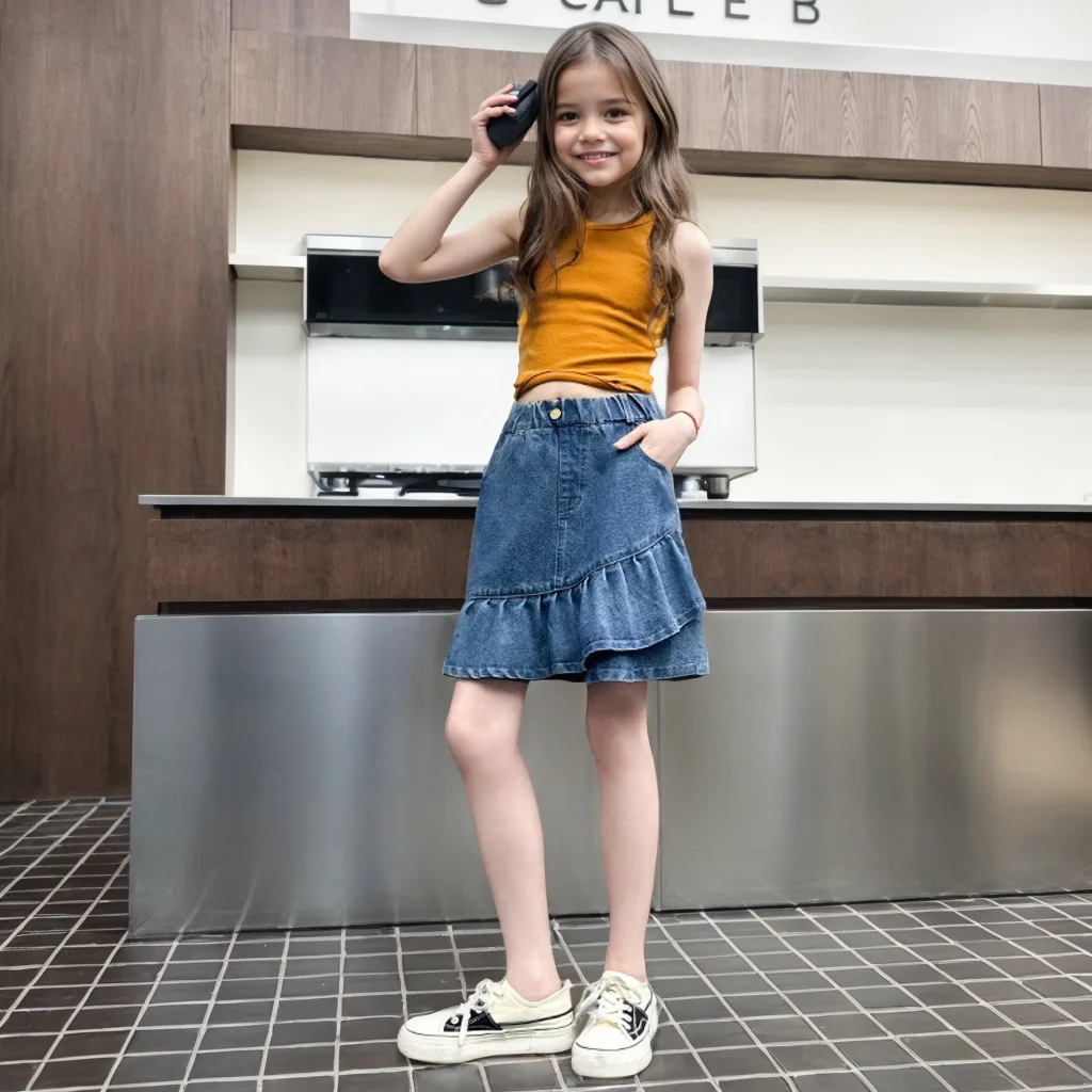 Girls Ruffled Skirt Summer Thin Pants Simple Denim Skirt for Big Children Personality Wear for Ages 5-14 - Image 2