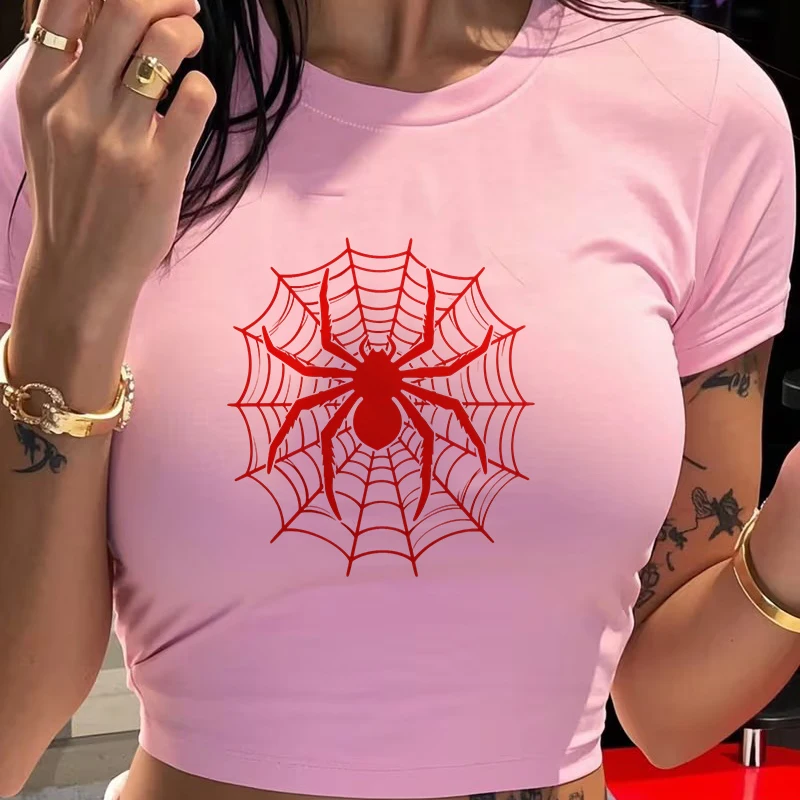 Vintage Y2k Tshirt for Woman Funny Spider Print Graphic Cropped T Shirt Women's Sexy Crew Neck Short Sleeve Crop Tops Clothes - Image 9