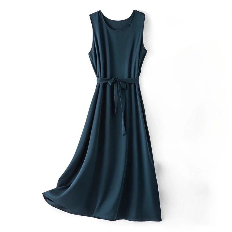 Women's Casual Clothing 93% Natural Mulberry Silk Elastic Satin Solid Color Round Neck Sleeveless Versatile Casual Loose Dress - Image 9