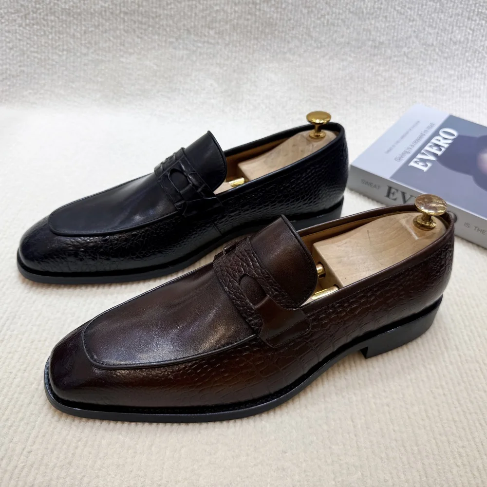 Luxury Men's Genuine Leather Dress Shoes Crocodile Print Wedding Loafers Double Buckle Business Office Formal Slip-On Shoes - Image 4