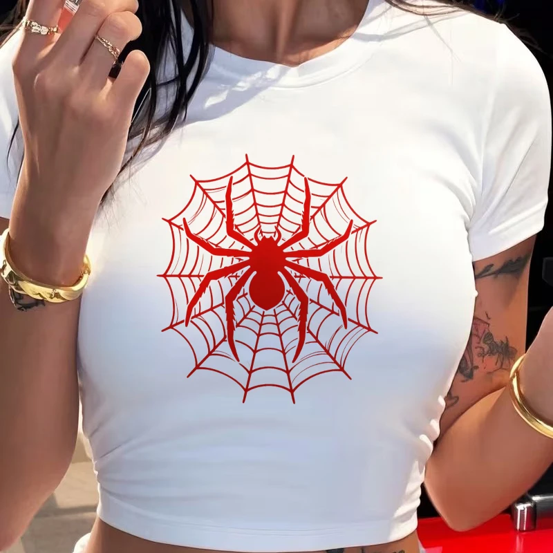 Vintage Y2k Tshirt for Woman Funny Spider Print Graphic Cropped T Shirt Women's Sexy Crew Neck Short Sleeve Crop Tops Clothes - Image 5