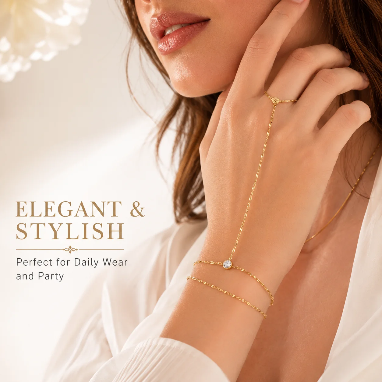 Stainless Steel Hand Chain Ring Bracelet for Women, Adjustable Gold Plated Double Layer Finger Bracelets Summer Party Jewelry - Image 3