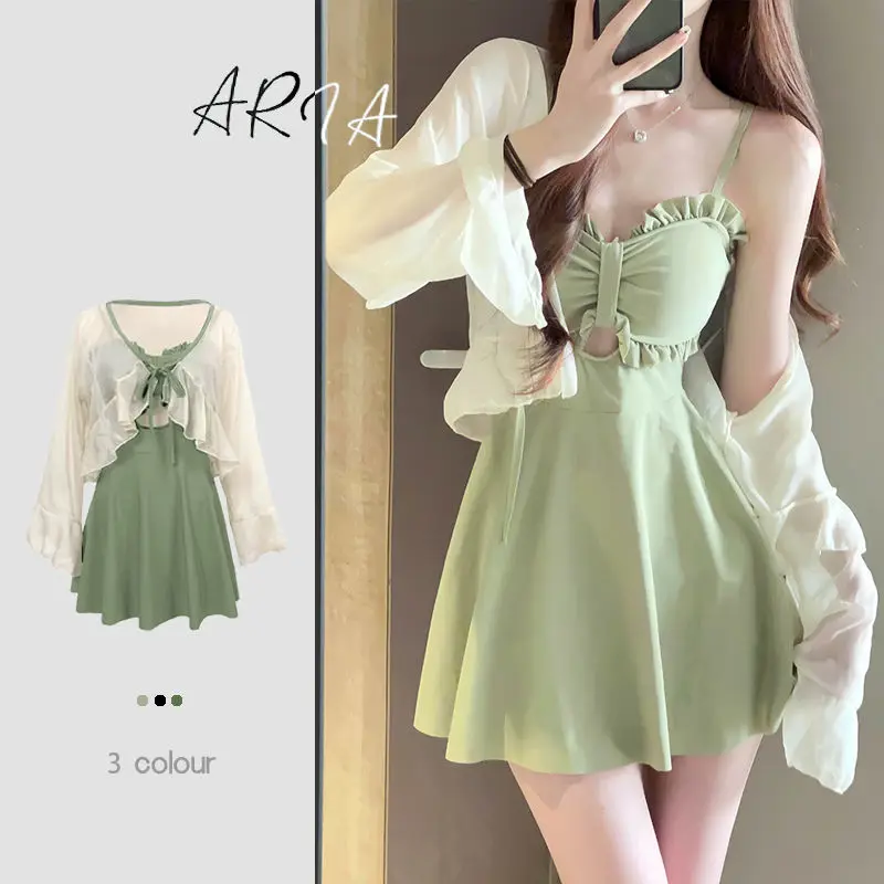 2025 New Conservative One-Piece Skirt Swimsuit – High-End Avocado Green Hot Spring Bathing Suit
