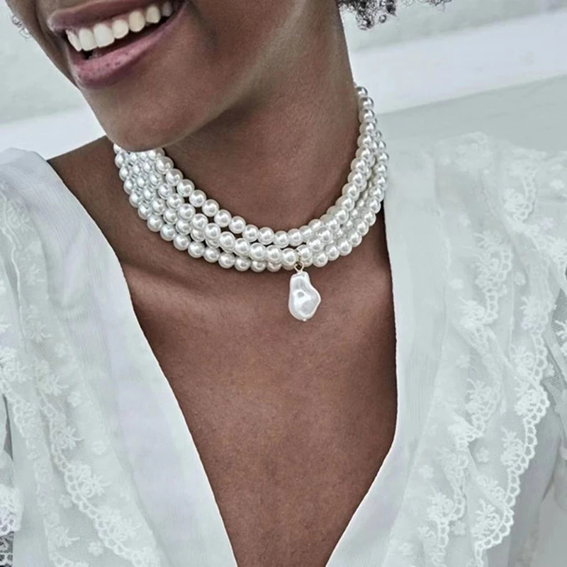 Classic Layered Strand Round Pearls Beads Collar Choker Necklace For Women Irregular Baroque Pearl Pendant Wedding Necklace Gift - Image 4