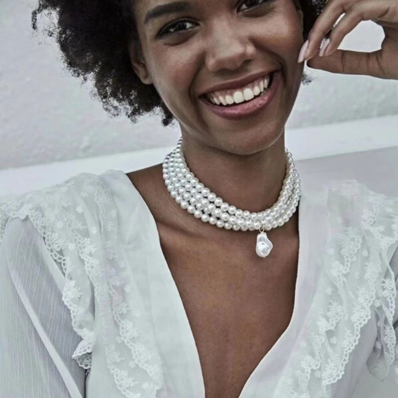 Classic Layered Strand Round Pearls Beads Collar Choker Necklace For Women Irregular Baroque Pearl Pendant Wedding Necklace Gift - Image 3