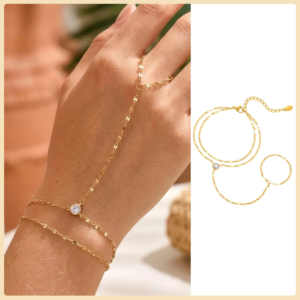 Stainless Steel Hand Chain Ring Bracelet for Women, Adjustable Gold Plated Double Layer Finger Bracelets Summer Party Jewelry - Image 7