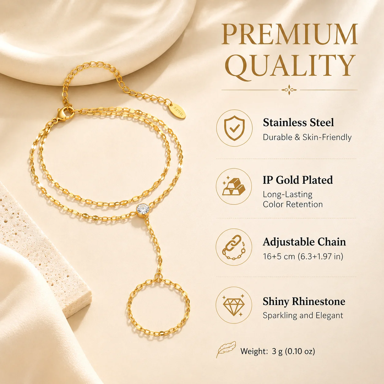 Stainless Steel Hand Chain Bracelet – Adjustable Gold Plated Double Layer Ring Bracelet - Image 5