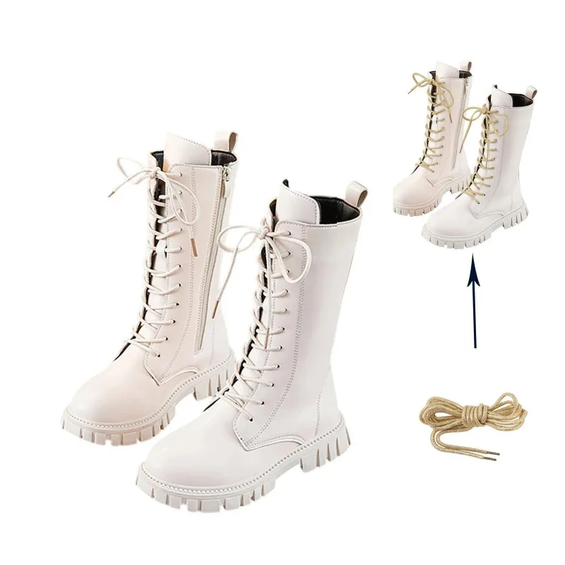 Girls White Lace-Up Boots Booties Side Zipper Soft Bottom Leather Dress/School Riding Boot Kids Autumn/Winter Fashion Mid Boots - Image 3