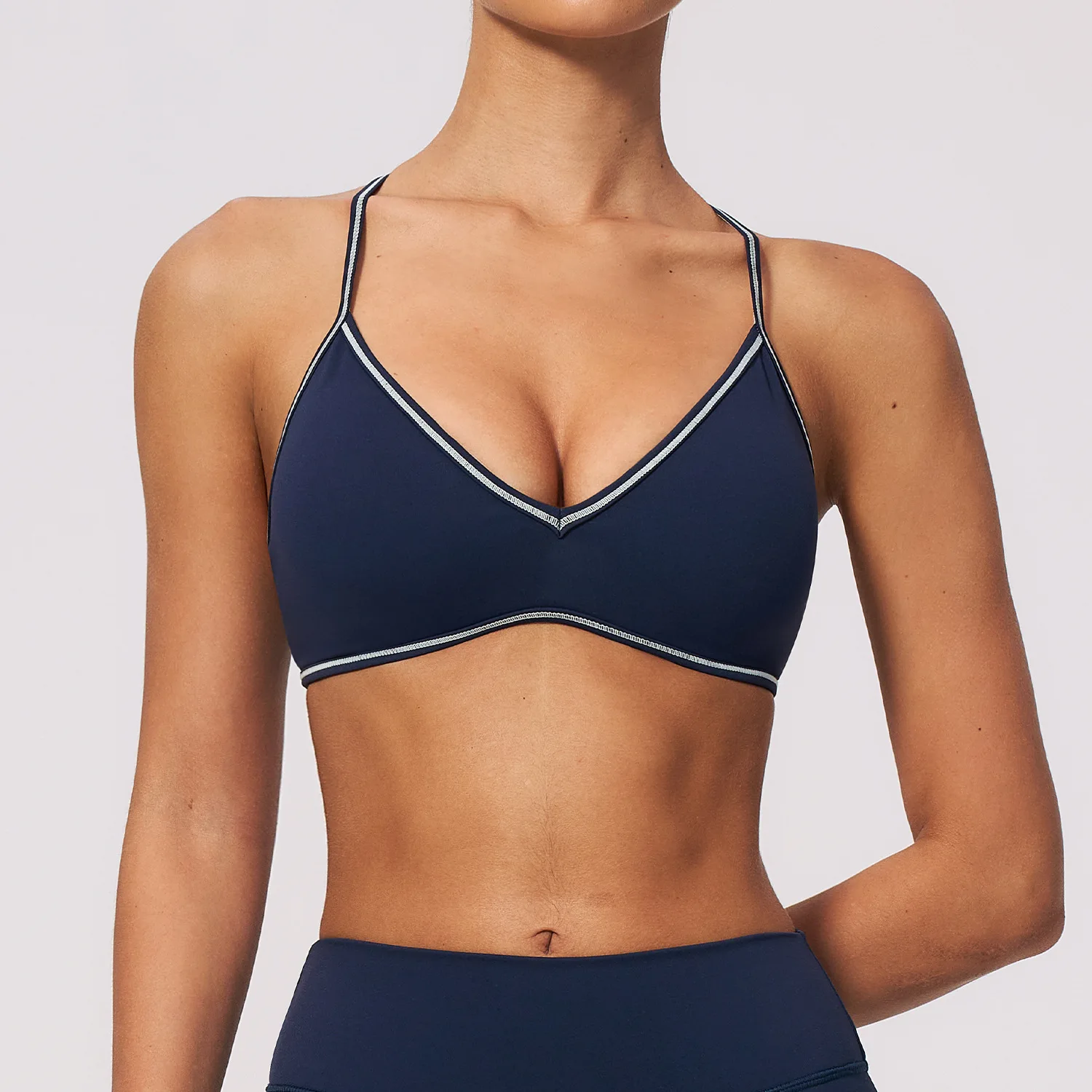 Women Deep V Neck Sports Bra with Contrast Piping Y Back Racerback Padded Gym Workout Yoga Bras Female Activewear Push Up Top - Image 3