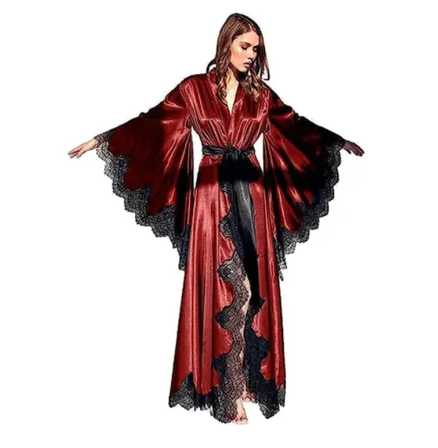 Women Robes Sleepwear Kimono Pajamas Pure Long Black Silk Satin Lace Trim Photography Dress Wedding Bride Gown Photo Shoot - Image 4