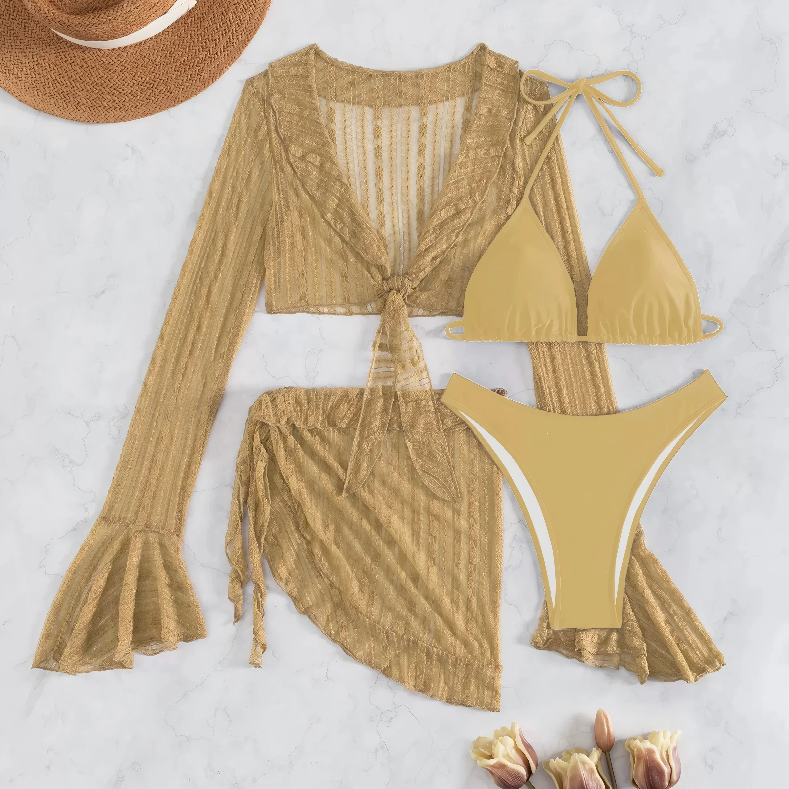 2026 Sexy Four-Piece Women's Swimsuit Set – Long-Sleeve Cover-Up, Brazilian Bikini & Beachwear - Image 10