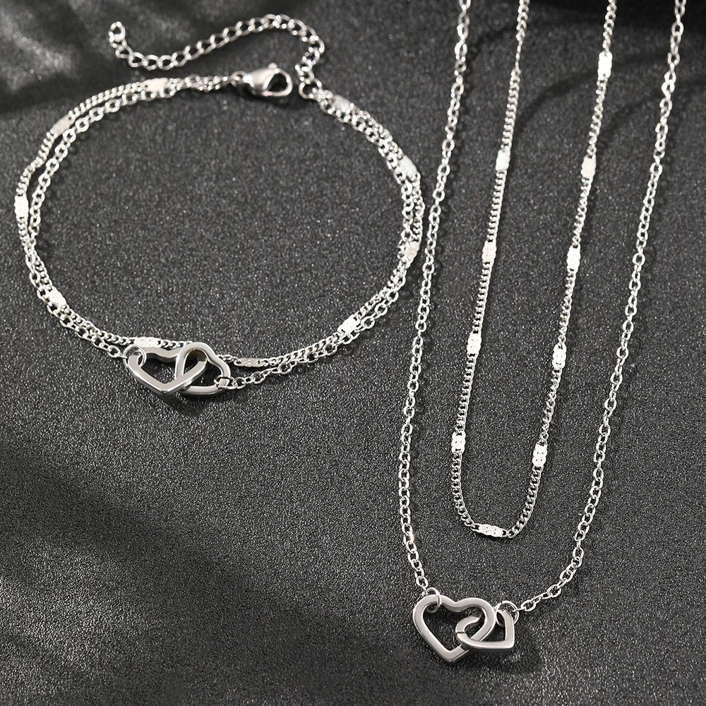 Stainless Steel Jewelry Sets High-end Atmosphere Love Bracelet Love Necklace Double Chain Design Jewelry Sets For Women Jewelry - Image 6