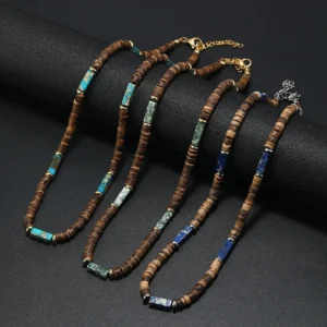 Vintage Bohemian Summer Jewelry Ethnic Style Jewelry Brown Coconut Shell Wood Beads Natural Stone Necklace Men's Jewelry