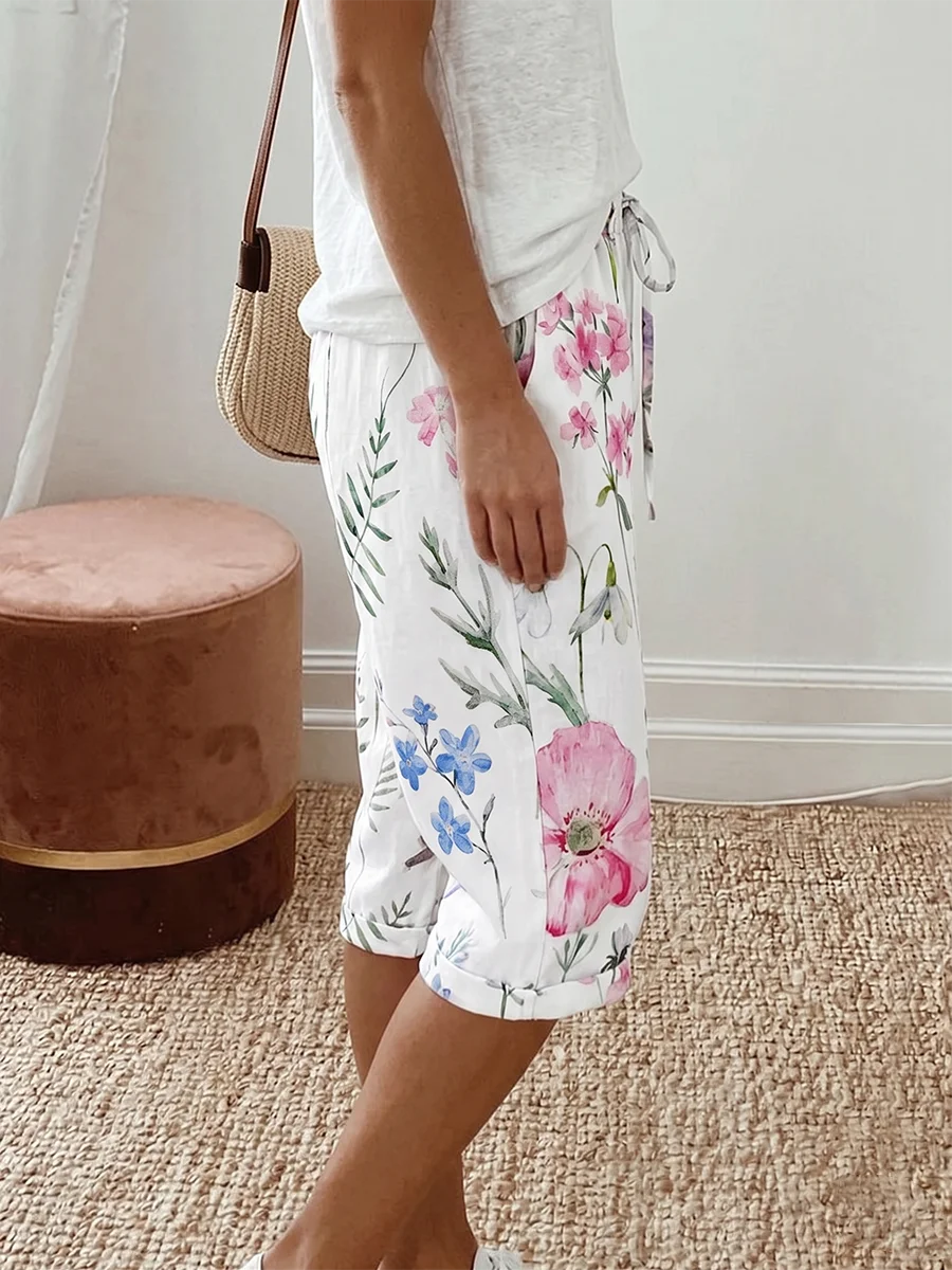 Women Summer Floral Print Shorts Casual Loose Drawstring Elastic Waist Wide Leg Half Pants Capris - Image 4