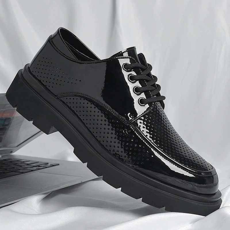 Black Patent Leather Platform Oxfords – Men's Breathable Chunky Business Formal Shoes - Image 5