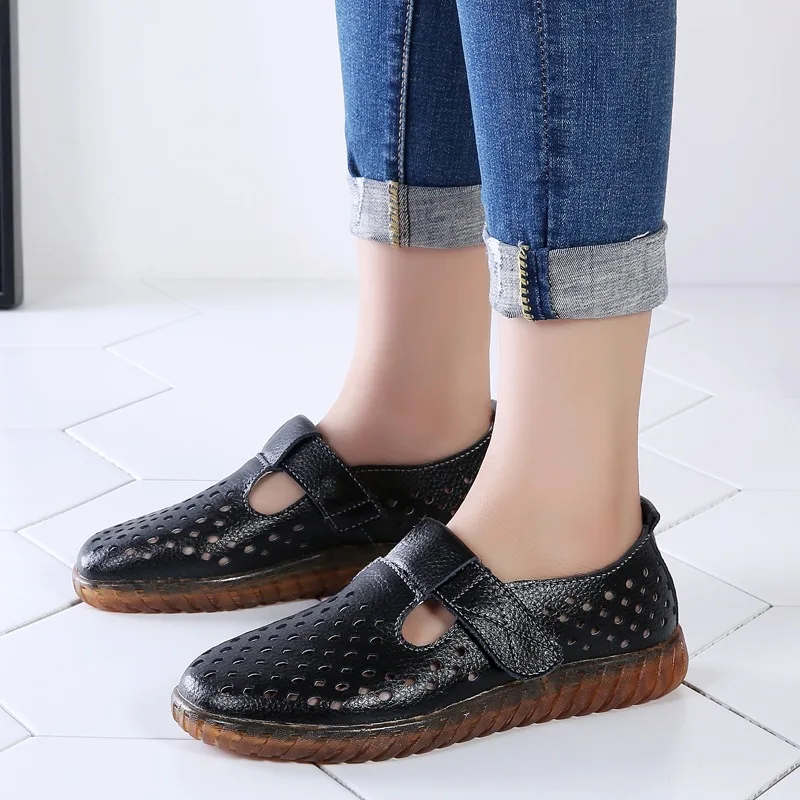 Summer Women Flats Shoes Cutouts Genuine Leather Loafers Shoes Woman Breathable Ballet Flats Oxford Women Casual Shoes WSH3587 - Image 3