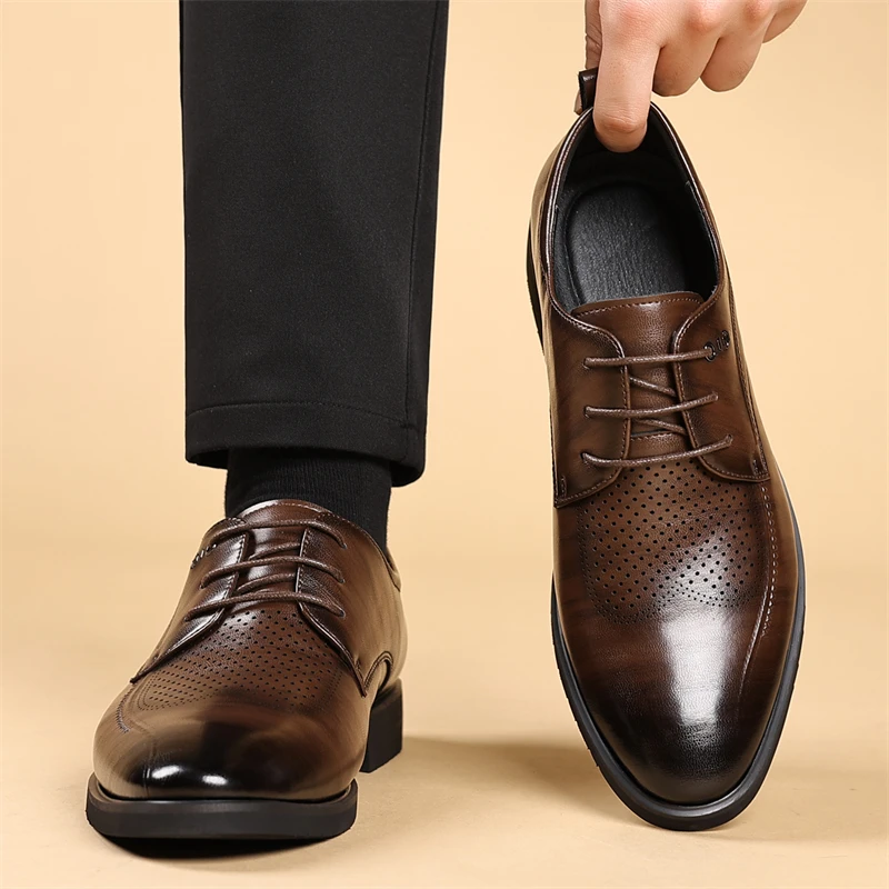 Men's Summer Breathable Leather Shoes Hollow out Comfortable Fashionable Business Formal Derby Shoes British Style-SJ2502-1 - Image 2
