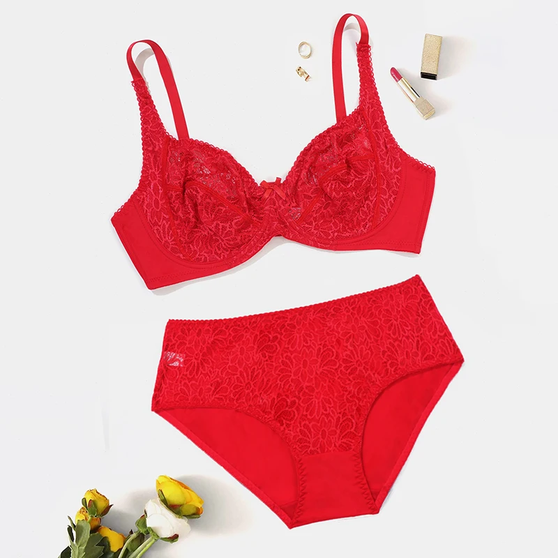 BEAUWEAR Female Big Size Lace Lingerie Set Bra with Wire Unlined Thin Breathable Bra and Panties Set 85C-110E - Image 8