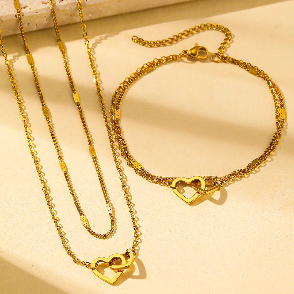 Stainless Steel Jewelry Sets High-end Atmosphere Love Bracelet Love Necklace Double Chain Design Jewelry Sets For Women Jewelry - Image 5