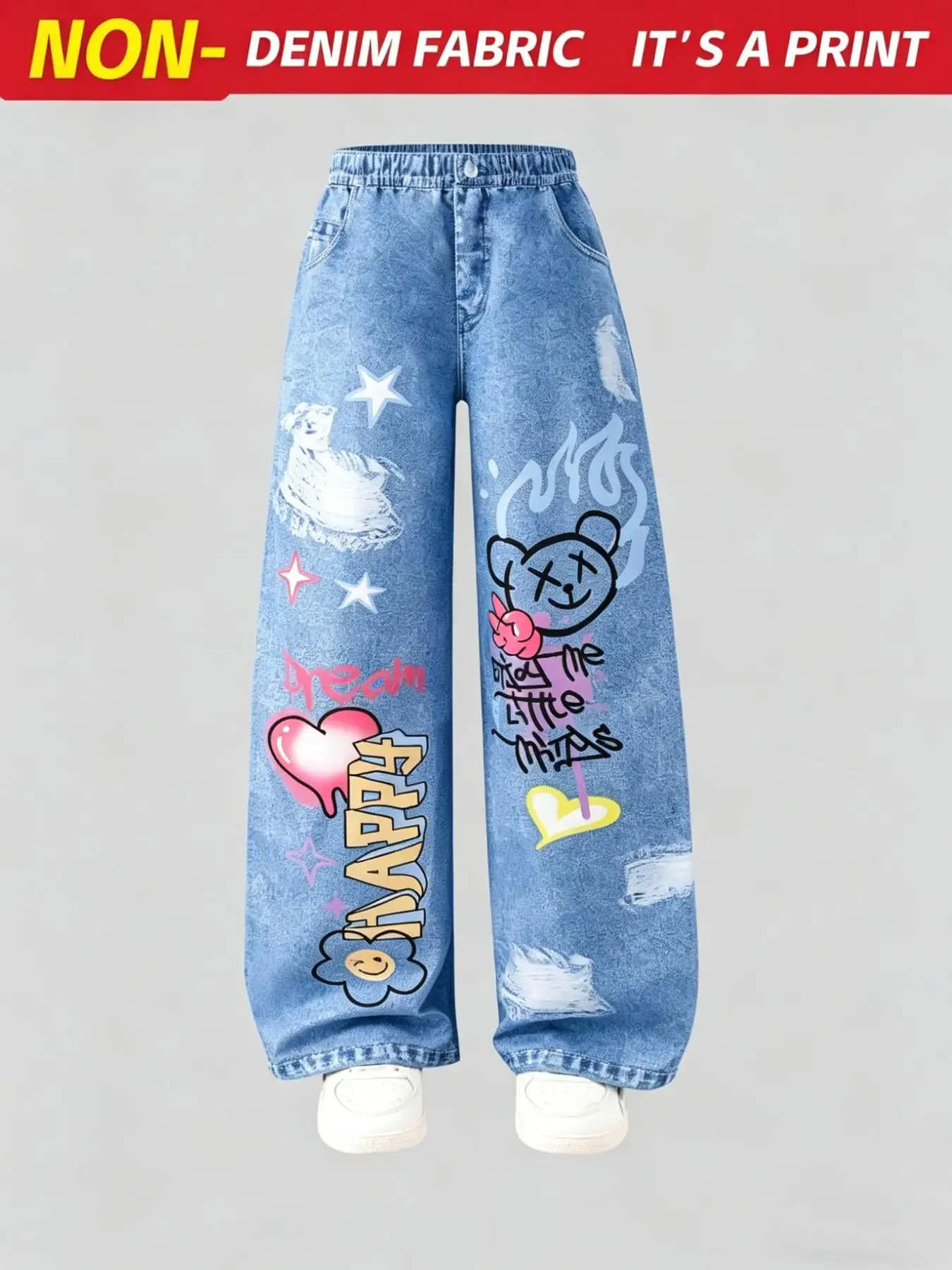 Girls' Summer Casual Pants Y2K Style Digital Print Faux Denim High-Waisted Wide-Leg Loose Graffiti Star Design Long Pants Suitable for Children over 3 Years Old, Versatile Clothing for Home and Outings - Image 3
