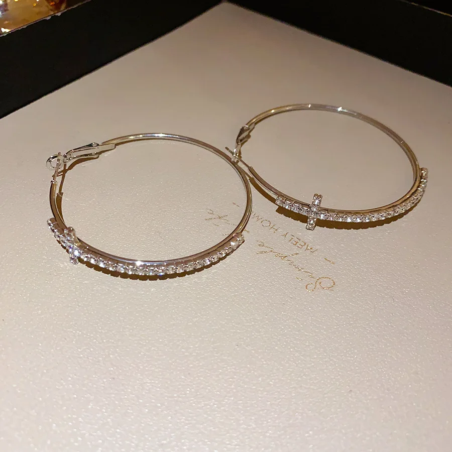 Shiny Big Circel Cross Hoop Earrings for Women Exquisite Rhinestones Ear Buckles Earrings High-end Geometric Ear Rings Jewelry - Image 5