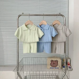 INS Infant Boys Polo Knitted Sweater Lapel Collar Short Sleeve Knitwear for Toddler Girls Pullovers Children's Clothing Outfits