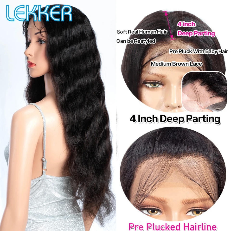 Lekker Black Long Wavy 13x1 T Part Lace Front 100% Human Hair Wigs For Women Brazilian Remy Hair Body Wave Clearance Glueless - Image 5